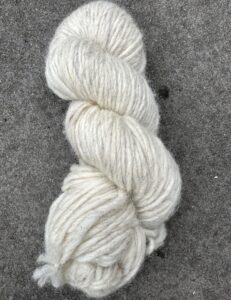 lopi style light grey BFL yarn skein on a stone background