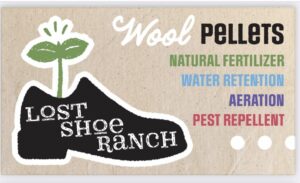 Cartoon image of black shoe with green seedling and text that says Wool Pellets, Natural fertilizer, water retention, aeration, pest repellent