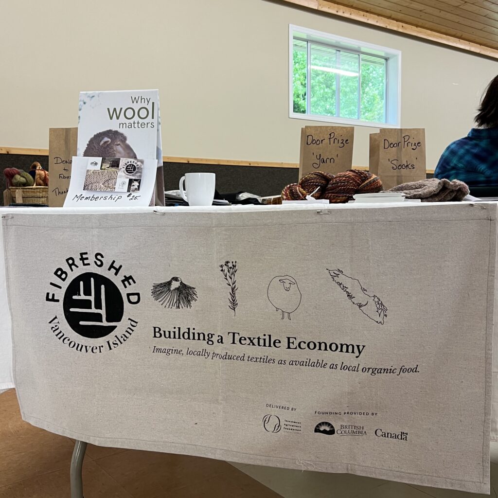 close up of the Vancouver Island Fibreshed cloth banner, "Building a Textile Economy" hanging off a table. 