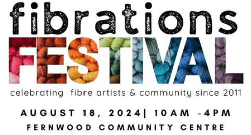 fibrations banner ad, black word fibrations and festival has each letter a different colour of the rainbow with yarn in the letter