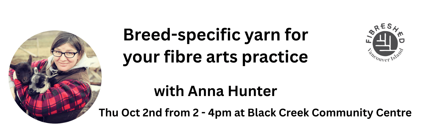 banner image with photo of anna hunter, a white woman with dark hair wearing a red and black checked jacket and snuggling two lambs. Also includes grey fibreshed logo and black text words of workshop name and location