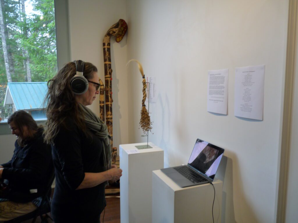 woman wearing headphones watches an art display on a lapop